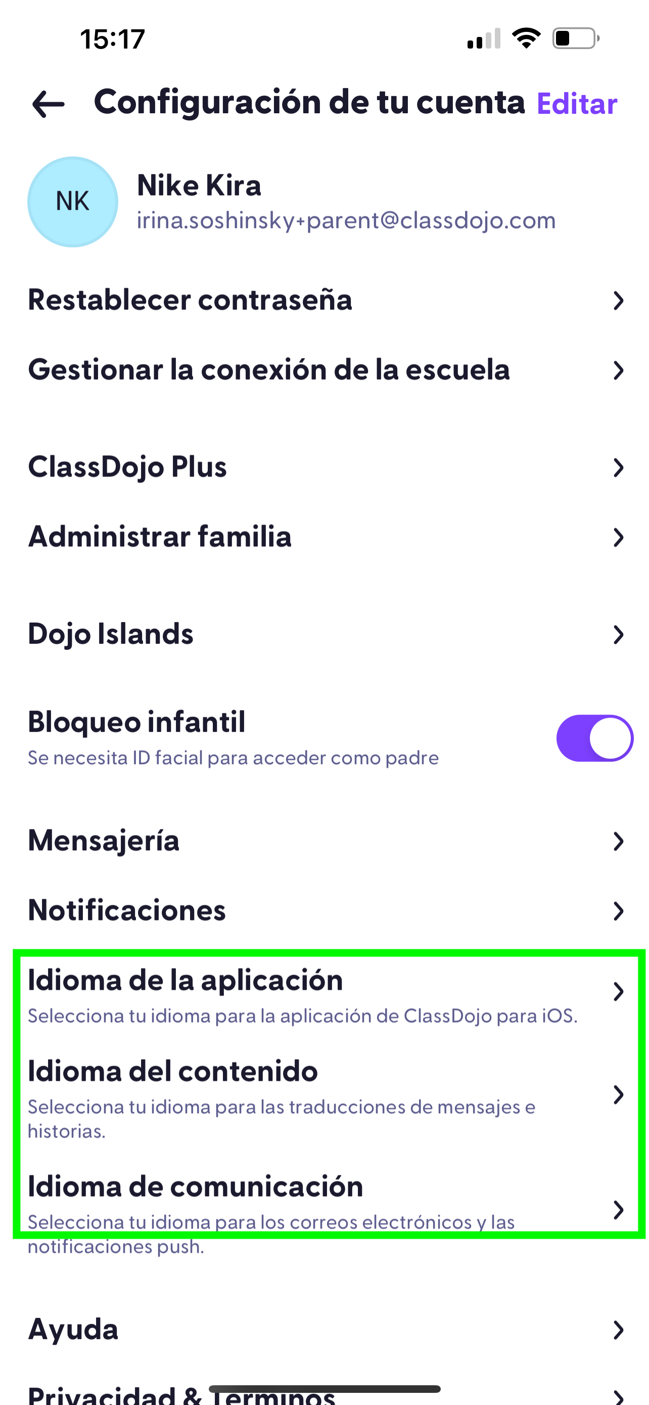 Configuración de la app para padres.PNG